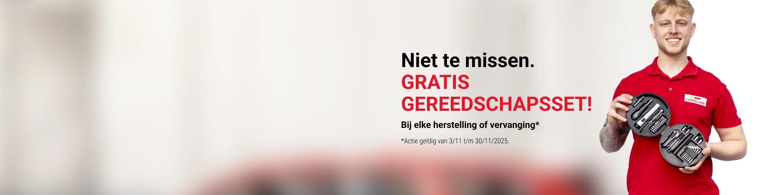 PROMO: GRATIS GEREEDSCHAPSSET bij elke herstelling of vervanging geboekt van 3 t.e.m. 30 november.